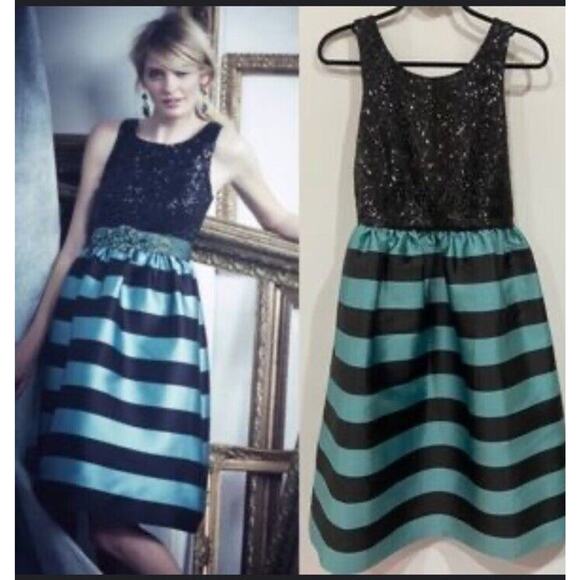 LEIFSDOTTIR Anthropoligie Stripes Sequin Fit & Flare Black Teal Dress Size 4 - Picture 2 of 12